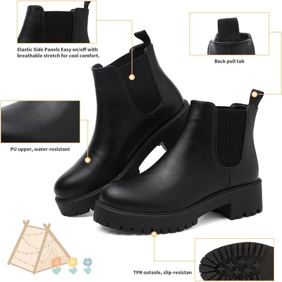 Girls Black Pull-On Fall Chelsea Boots Water-Resistant PU Ankle Heel Boots - Picture 5 of 7